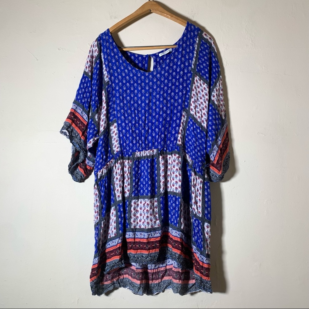 American eagle patchwork flow boho blue red white tunic dress shirt SZ L Viscose